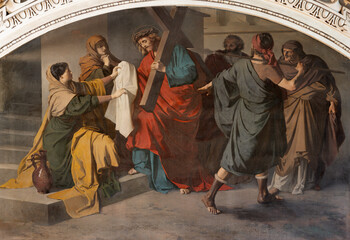 SALZBURG, AUSTRIA - SEPTEMBER 6, 2025: The painting Veronica wipes the face of Jesus (part of cross...