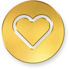 Shiny Gold Round Button with Metallic Heart Love Favorite 3D Render Icon