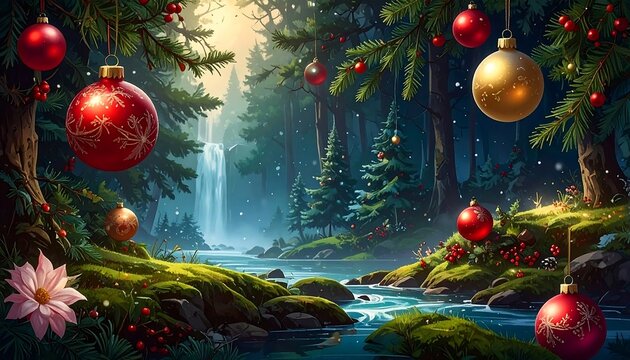 Festive winter woodland scene with ornaments hanging from pine trees near a river and waterfall backdrop - Powered by Adobe