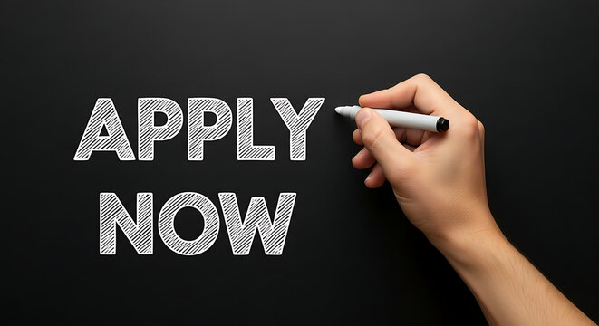 Hand writing apply now on black background, symbolizing opportunity, urgency, and the call to action for immediate application