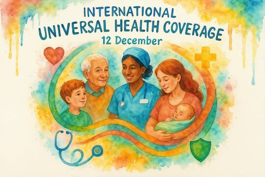 Vibrant Watercolor Illustration for International Universal Health Coverage Day &ndash; Family Care, Medical Support, and Global Health Awareness