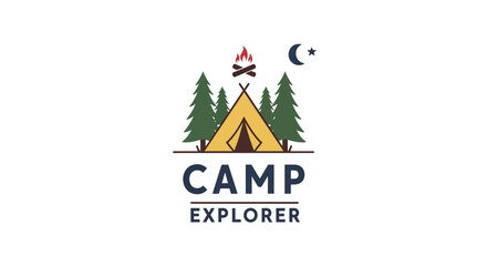 Camp Explorer Logo with Trees, Campfire and Moon for Outdoor Adventure