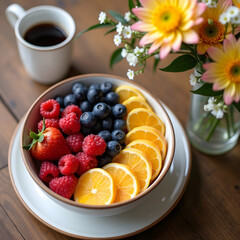 A bowl with fresh fruit, including oranges, blueberries, and raspberries, next to a cup of coffee and a small vase of flowers. 