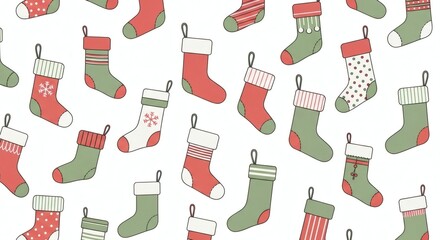 A seamless pattern of hand-drawn red and green Christmas stockings with various festive designs on a white background.