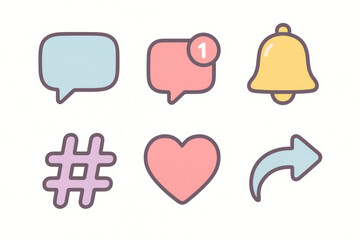 Icônes pastel de notifications et réseaux sociaux : message, alerte, hashtag, cœur, partage