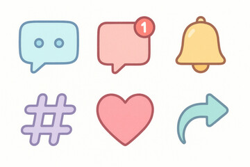Ic&ocirc;nes pastel de notifications et r&eacute;seaux sociaux : message, alerte, hashtag, c&oelig;ur, partage