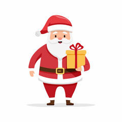 Vector illustration of a cheerful cartoon Santa Claus holding a Christmas gift box. This friendly holiday character is smiling and wearing a traditional red suit