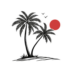 Silhouette of two palm trees against a red sun and birds