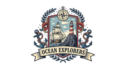 Nautical Adventure Emblem Featuring a Majestic Sailing Ship and a Lighthouse, Symbolizing Ocean Exploration