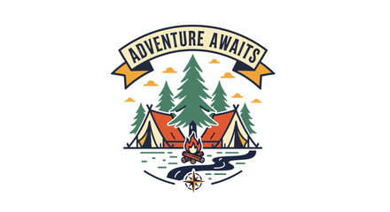 Camping Adventure Tents, Trees, and Compass Vector Graphic
