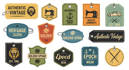 Variety of vintage-style vector labels, badges, and authentic clothing tags for fashion, craft, and quality product branding projects