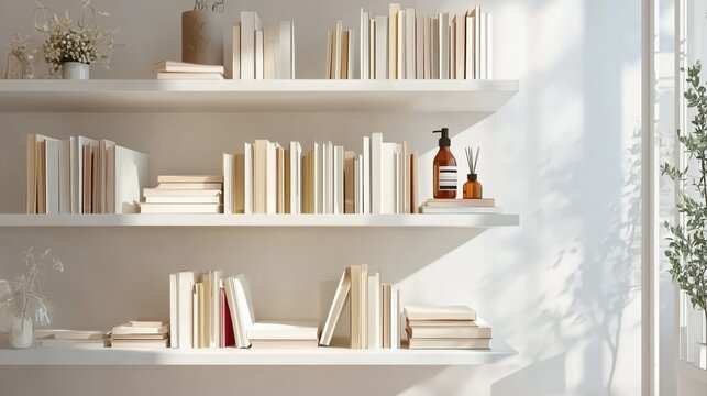 Minimalist White Bookshelf. Sunlight Cozy Elegant Home Library, Plants, Window, Books:. Zoom Virtual Backgrounds, Cozy Interior Backdrops, Living Room Backgrounds for Virtual Meetings