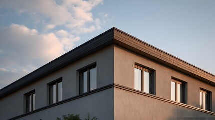 Obraz premium A modern residential building corner bathed in warm afternoon sunlight with a clear sky and scattered clouds