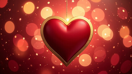 Glossy red heart with golden trim&mdash;suspended in glowing bokeh, radiating warmth, romance, and celebration.
