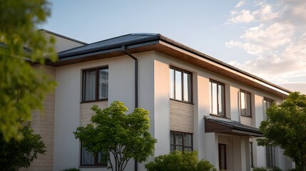 Fototapeta premium Tranquil modern residential dwelling exterior with lush green trees bathed in soft afternoon golden hour light
