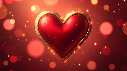 Glossy red heart with gold trim&mdash;surrounded by glowing bokeh, radiating romance, warmth, and celebration.

