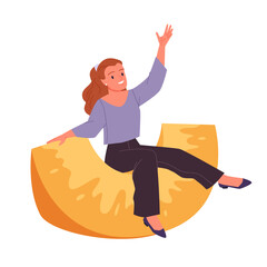 Cheerful woman sitting on a large melon slice, playful and fun isolated vector illustration