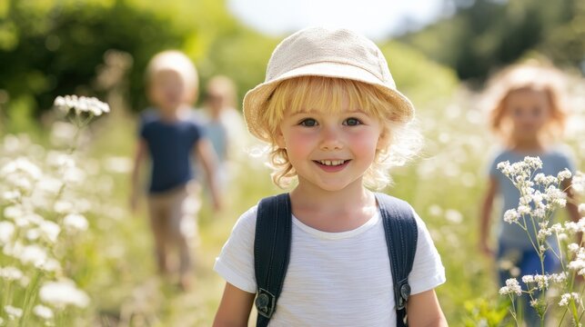 Smiling young child wearing a hat and backpack, standing in a sunny wildflower field with other children in the background - Powered by Adobe