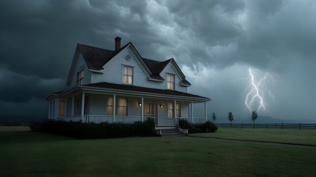 A dramatic white rural farmhouse is illuminated by distant lightning strikes under a dark stormy sky