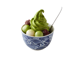 Matcha ice cream served in a fancy cup, garnished with mochi and a spoon, just waiting to be savored
