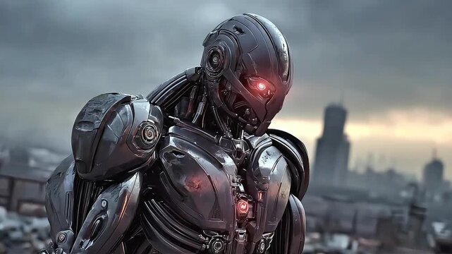 Red-eyed combat robot advanced swiftly, equipped with powerful weapons.