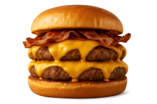 Double bacon cheeseburger with two beef patties and melted yellow cheese, topping with crispy bacon, fast food isolated