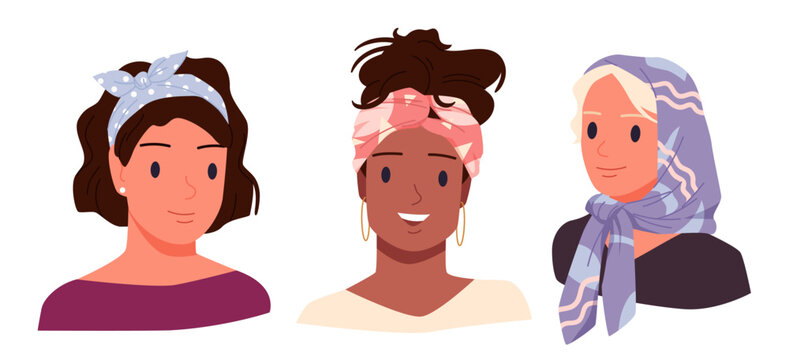 Three women with different hairstyles and colorful scarves on heads, showing cultural diversity, fashion, and individuality in a modern flat style isolated vector illustration