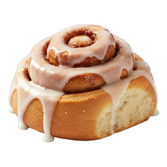 A single iced cinnamon roll with swirling dough and white frosting drizzled on a transparent background with soft lighting emphasizing its baked texture and sweet glaze