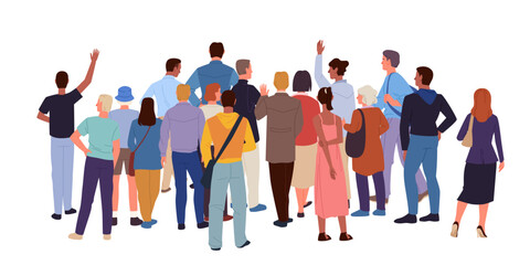 Fototapeta premium Back view of multicultural crowd gathering in casual and formal clothing, various ages and genders, social interaction, community unity, communication, isolated vector illustration