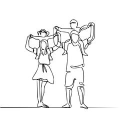 Heartwarming continuous line art of family with children on shoulders radiating love and unity, a symbol of togetherness and joyful connection