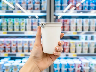 Hand holds a white yogurt cup with sealed foil lid mockup against blurred supermarket freezer shelves arranged various yogurt cups products in the background