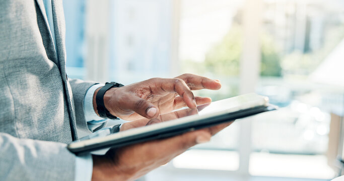 Employee, planning and hands with tablet in office, accountant or scroll for tax preparation or info. Browsing, research and person with technology for financial records, audit and filing returns