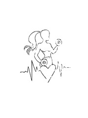 Dynamic line art of fit woman lifting weights with heartbeat, symbolizing health and wellness, perfect for fitness brands and motivational content creation