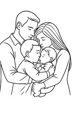 Loving family embrace with two children in a gentle line drawing, perfect for illustrating warmth, connection, and the beauty of family bonds and unconditional love.