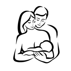 Touching family moment with parents embracing newborn, symbol of love and connection, ideal for healthcare and parenting resources, originally a vector graphic