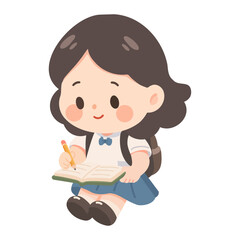 Illustration of Schoolgirl Writing in Notebook