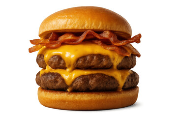 Double bacon cheeseburger with melted cheddar cheese and beef patties, classic fast food sandwich on transparent background