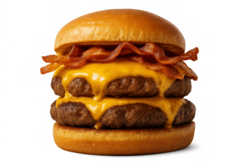 Double bacon cheeseburger with melted cheddar cheese and beef patties, classic fast food sandwich on transparent background