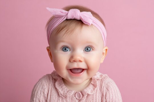 Smiling baby girl with blue eyes and pink headband poses against a pastel pink background
