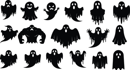 Spooky halloween ghosts silhouettes collection for creepy holiday designs