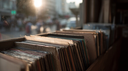 Vintage Vinyl Records in a Sunlit Storefront