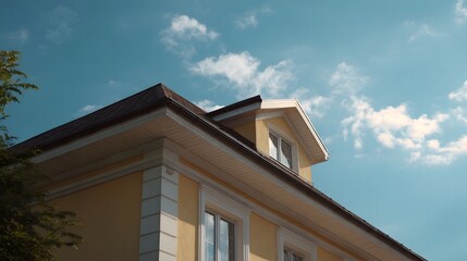 Exterior view of a yellow house with a dormer window and roof against a bright blue sky with clouds
