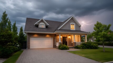 A suburban house with lit stands under a dramatic stormy sky with a lightning strike in the distance