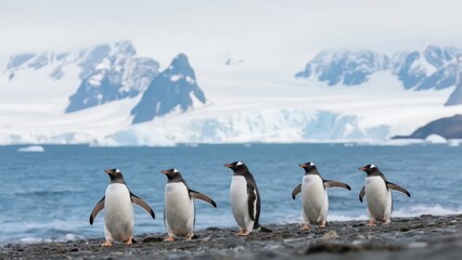 A group of emperor penguins line up on an Antarctic beach, with snow-capped mountains and glaciers in the background, presenting the lively posture of polar animals and a magnificent natural aesthetic