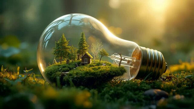 A glass bulb resting on soft moss holding a tiny forest with trees and a wooden cabin illuminated by warm sunlight creating a peaceful eco nature scene