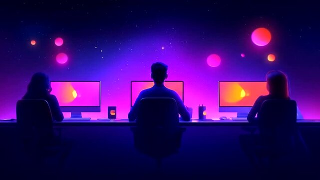 Cosmic programmers coding in neon workspace