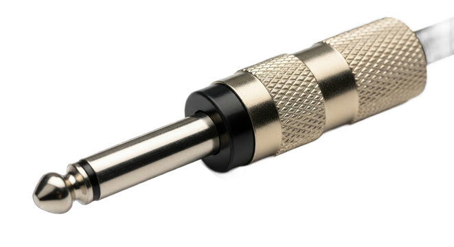 Audio jack connector for musical instruments and sound equipment with metallic finish and knurled grip isolated on transparent background