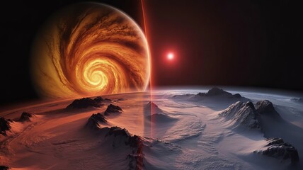 Otherworldly Celestial Dance: An extraordinary vision of a distant celestial event, a swirling vortex planet aligning with another, creating a dramatic cosmic symphony. 