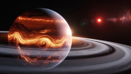 Cosmic Majesty: A breathtaking celestial view of a gas giant planet adorned with luminous rings, orbiting gracefully in the silent expanse of outer space, lit by a distant star.