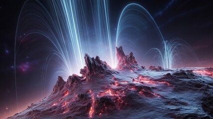 Otherworldly Terrain: An evocative depiction of a surreal landscape, where jagged rock formations are bathed in an ethereal light display, evoking a sense of cosmic grandeur and mystique.